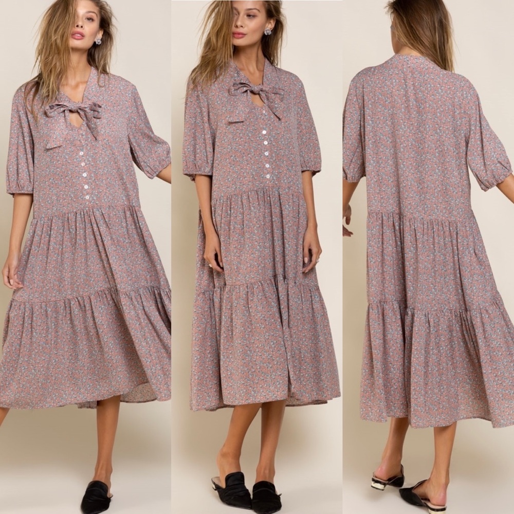 POL Ditsy Flower Red Bean MIDI Dress - Picture 4 of 8